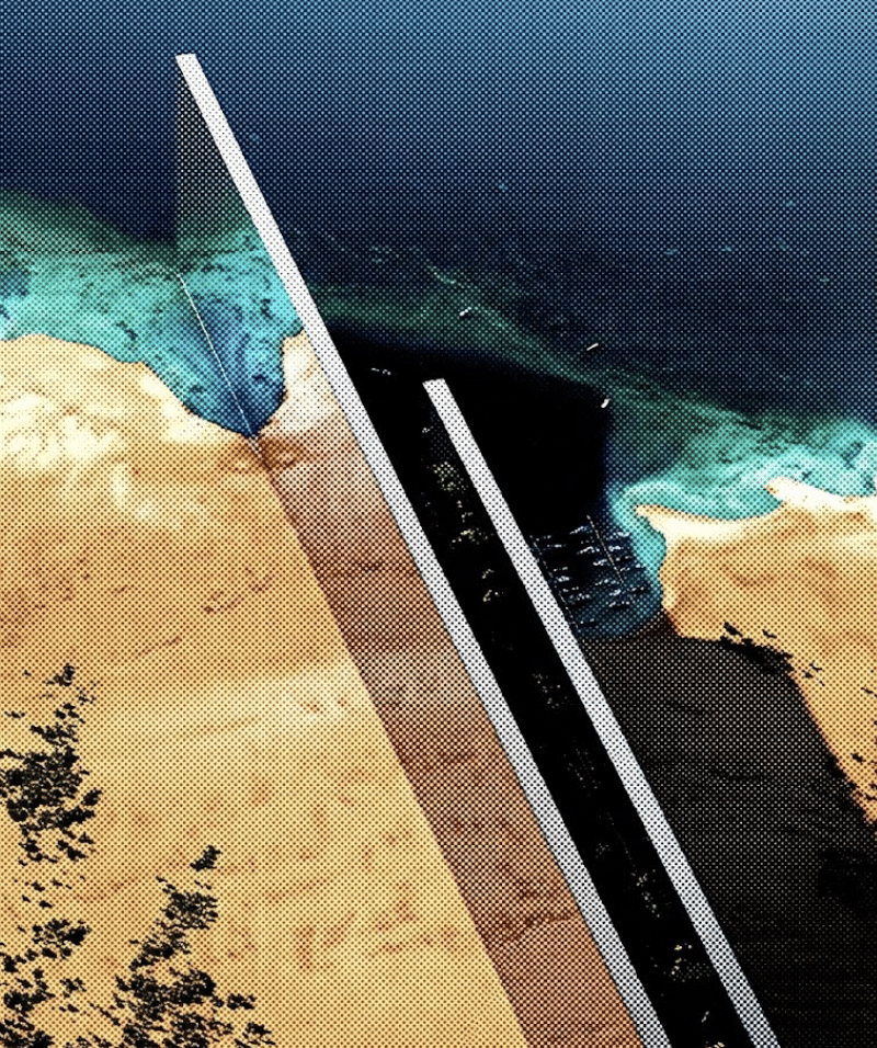 Aerial visualization of The Line project in NEOM, Saudi Arabia, showing a futuristic mirrored linear city structure cutting across the desert terrain to meet the Red Sea coast.