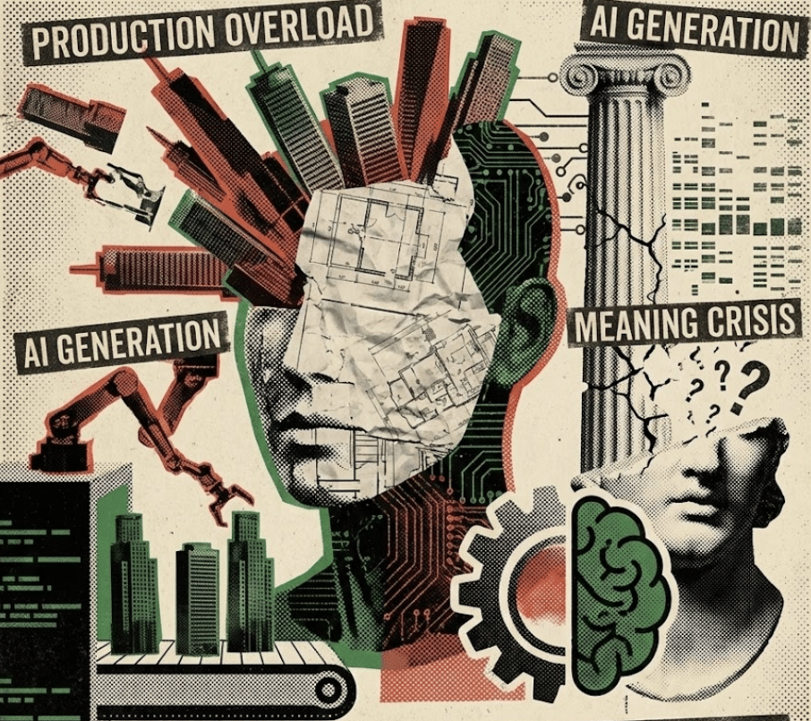 A conceptual retro-style illustration depicting the impact of AI on architecture; a human head filled with blueprints explodes with skyscrapers labeled "Production Overload," while a cracking classical Greek column and statue symbolize the "Meaning Crisis."