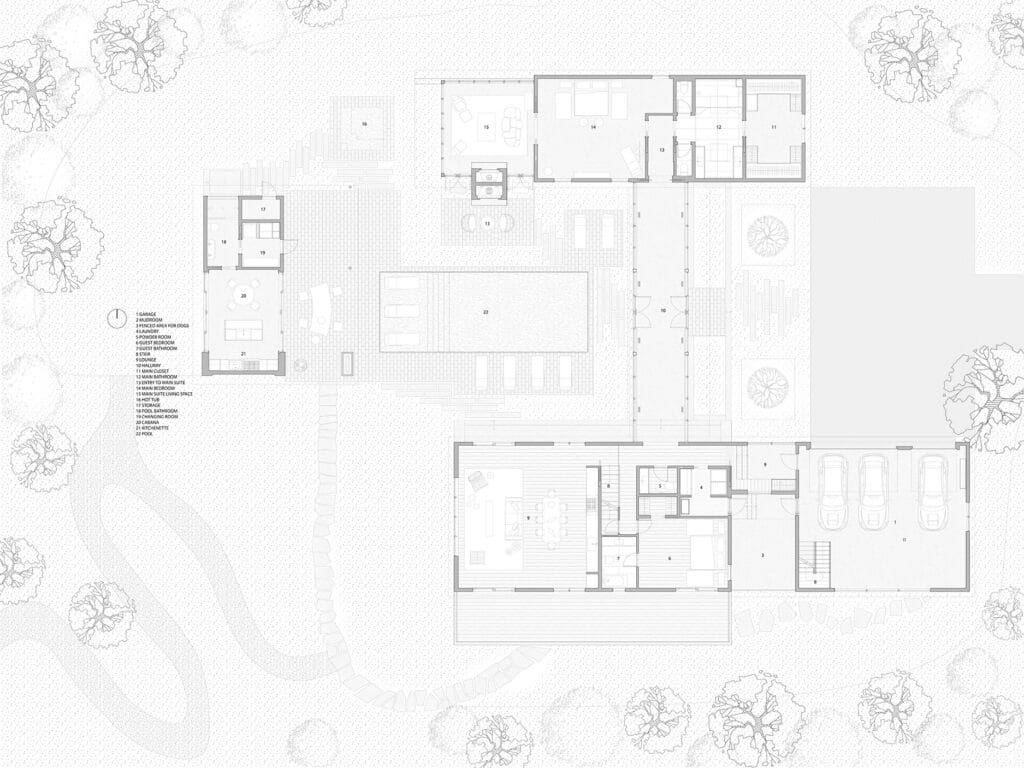 Detailed architectural floor plan of WACE House showing the H-shaped layout, rooms, and outdoor pool area.