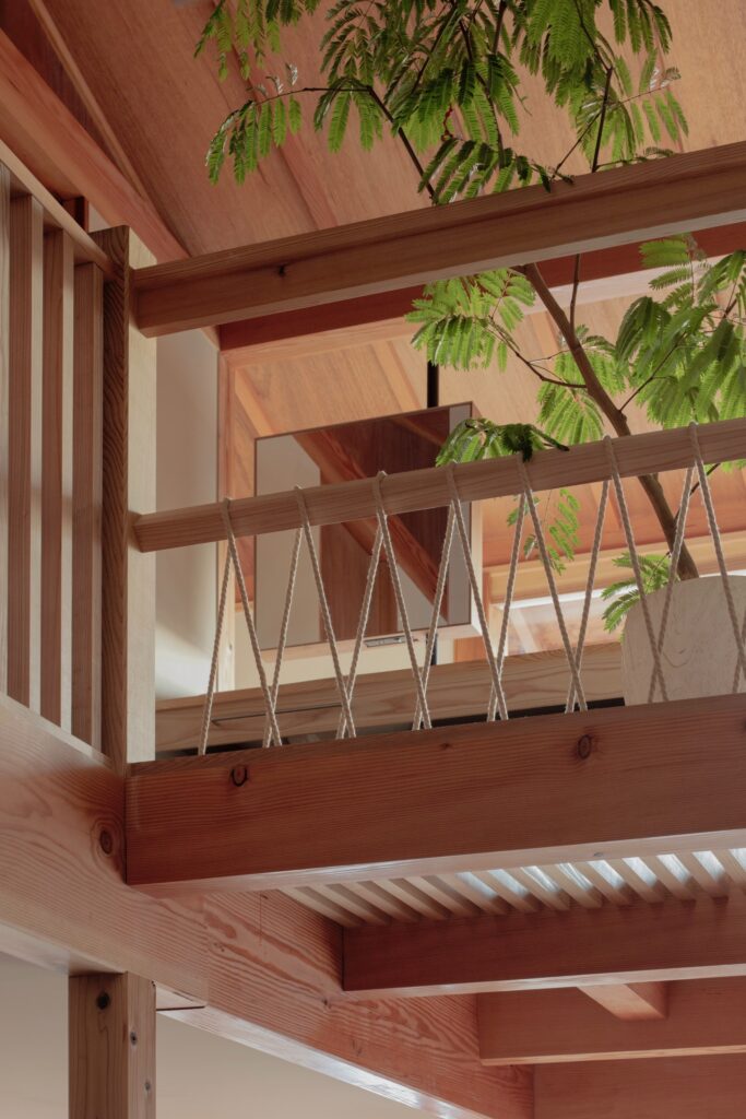 Close-up of a wooden handrail with white rope detailing next to an indoor tree.