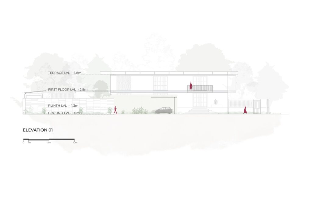 Architectural Elevation 01 of Gorakhpur Farmhouse showcasing the horizontal building proportions, exposed brick patterns, and terrace levels.