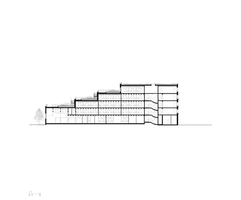Longitudinal section drawing showing the internal staircases and the sequence of classrooms across different floors.