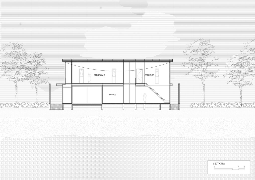 Architectural section drawing of Terrarium House showing the vertical relationship between the office and the upper-floor bedrooms.