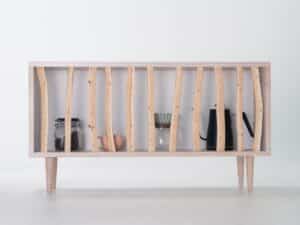 Front view of the Hayashi Cabinet by Taishi Sugiura featuring sliding Japanese cypress branches with coffee accessories inside.