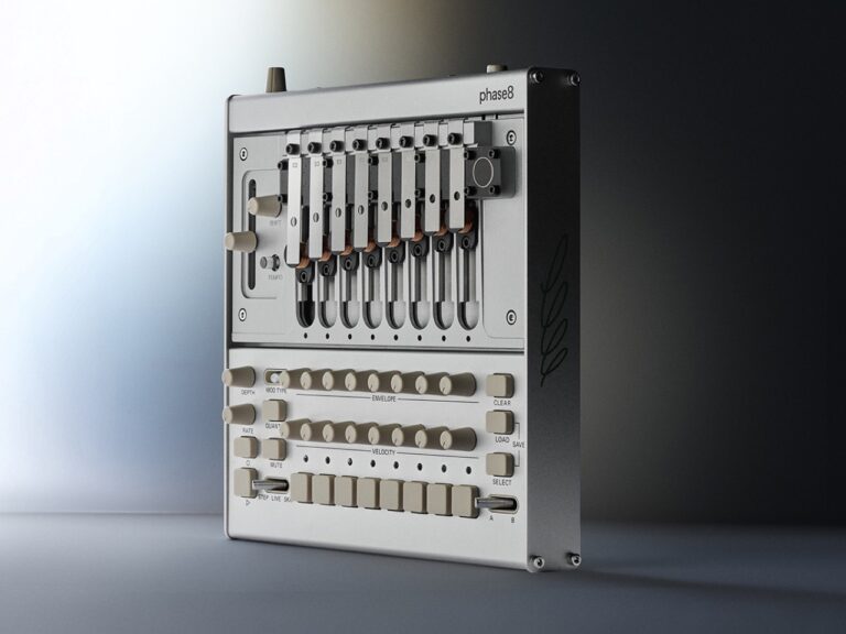 A professional side-view shot of the Korg Phase8 synthesizer, showcasing its silver industrial chassis, exposed steel resonators, and laboratory-style control knobs against a minimalist background.