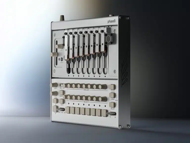 A professional side-view shot of the Korg Phase8 synthesizer, showcasing its silver industrial chassis, exposed steel resonators, and laboratory-style control knobs against a minimalist background.