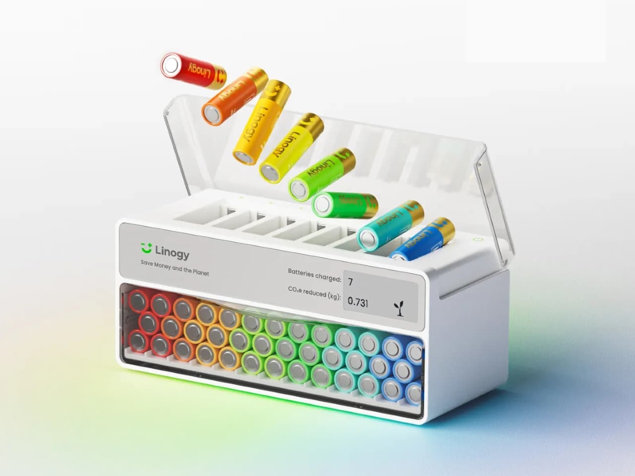 A 3D conceptual rendering of the Linogy smart battery station showing colorful AA batteries floating into charging slots above a transparent storage compartment.