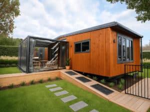 Exterior of the 12-meter Bespoke Base tiny house featuring Redwood cladding and a covered outdoor patio on a green lawn.