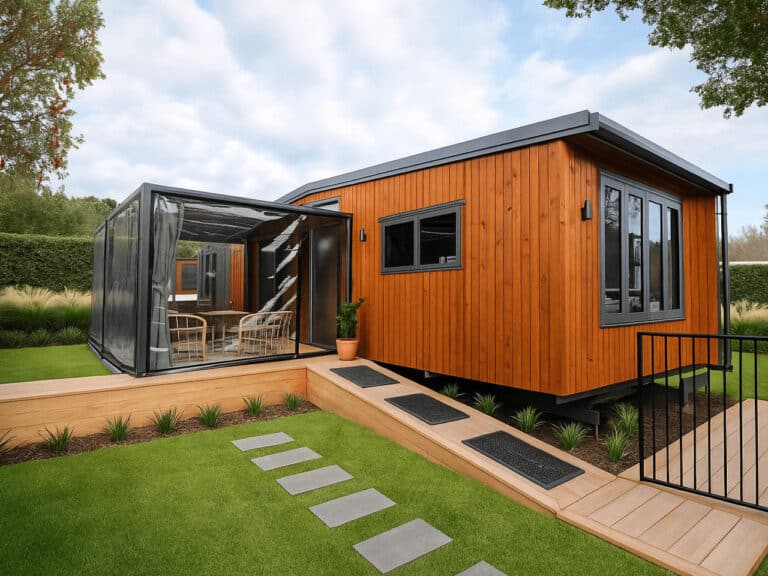 Exterior of the 12-meter Bespoke Base tiny house featuring Redwood cladding and a covered outdoor patio on a green lawn.