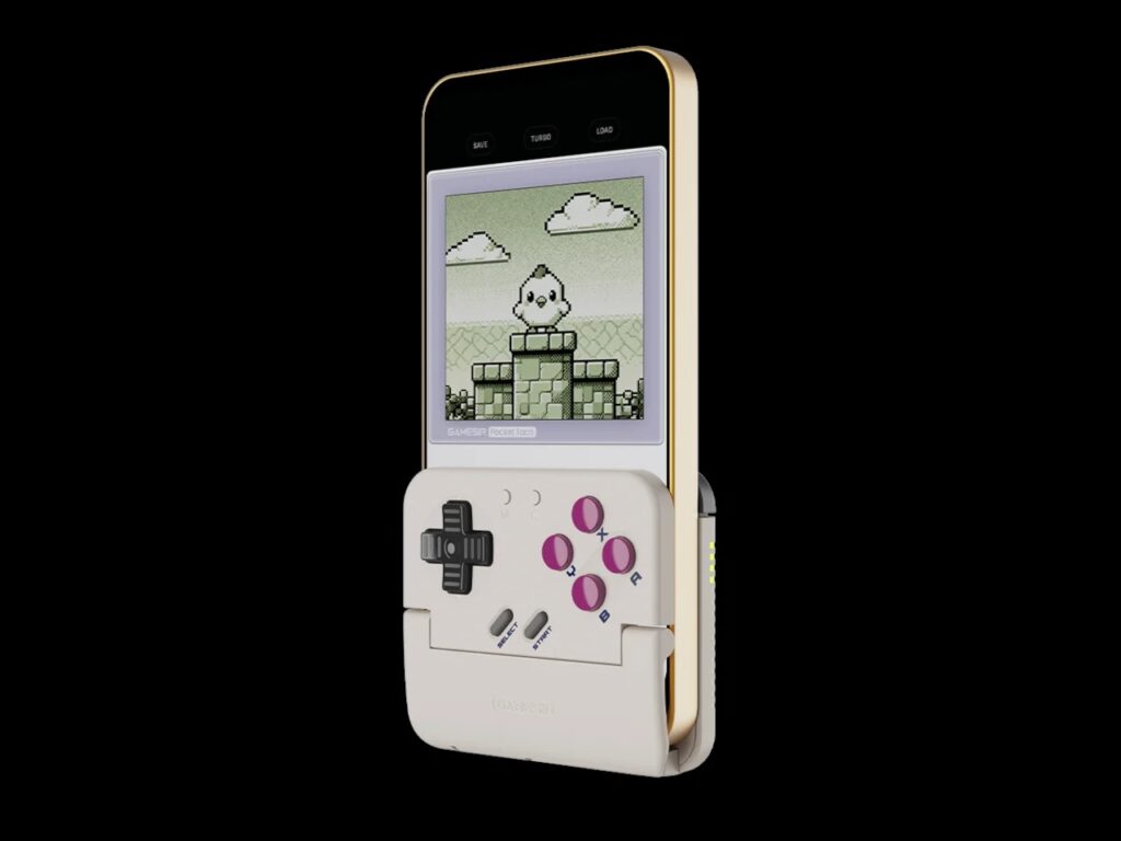 GameSir Pocket Taco controller attached to a smartphone running a classic 8-bit vertical platformer game.
