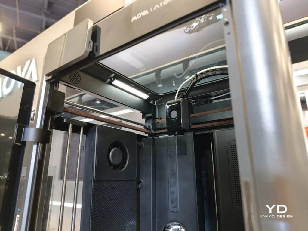 Detailed interior view of the AtomForm Palette 300 showing the OmniElement nozzle system and cooling fans.