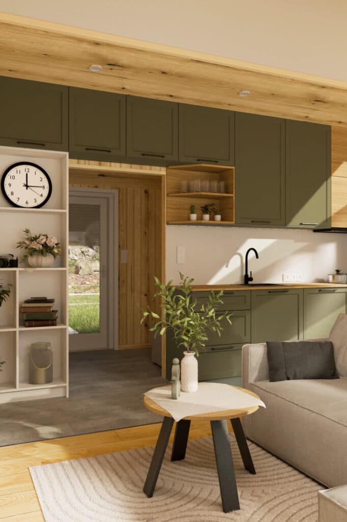 Open-plan living room in the Evergreen house featuring a neutral L-shaped sofa, a wooden coffee table, and an integrated shelving unit.