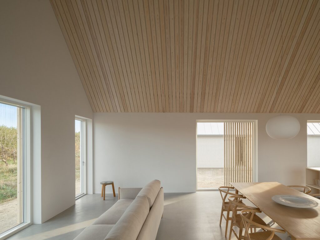 Interior of Rorum House showing the transition between the concrete floor and the acoustic pine ceiling.