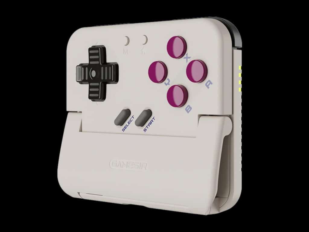 Front view of the GameSir Pocket Taco controller showing the D-pad, ABXY buttons, and the foldable taco-shell clamp mechanism.