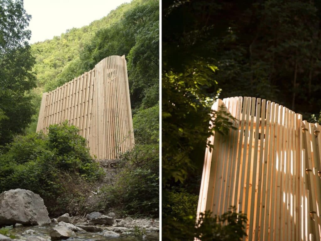 A split view showing La Barca pavilion from a nearby riverbed and a close-up of the sunlight filtering through the wooden slats.