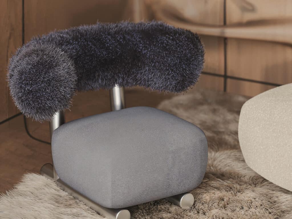 Close-up of a unique modern chair with a furry texture inside the AltiHut cabin.