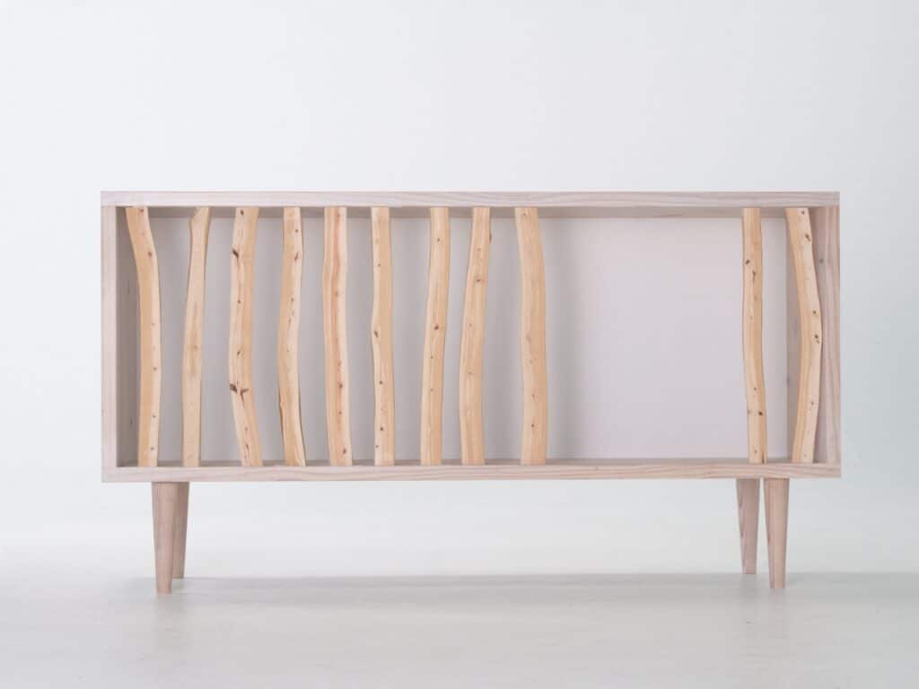 Hayashi Cabinet with branches moved to one side, creating a large open section for display.