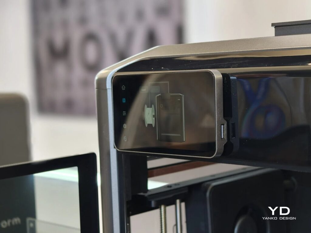 Close-up of the AtomForm Palette 300 side-mounted touch screen interface displaying printer status.