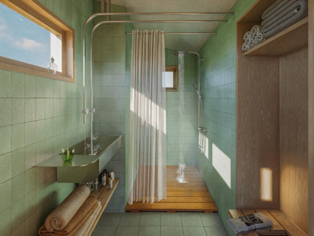 Modern eco-friendly bathroom with green tiles, wooden flooring, and a greywater recycling system.