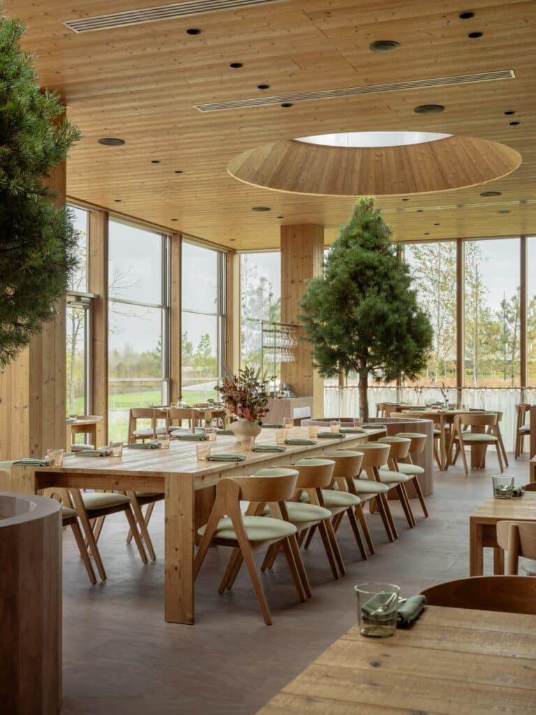 Detailed view of wooden dining chairs and tables set for a meal near large windows in Seven Lakes project.