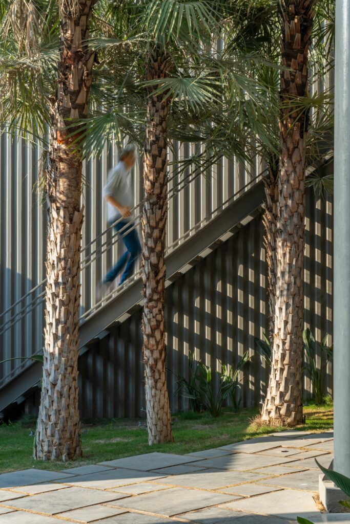 Person walking up an external steel staircase against a corrugated wall with vertical strip shadows and palm trees.
