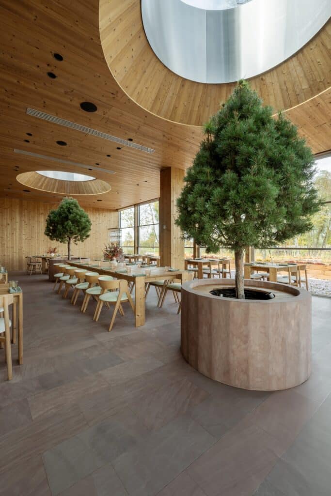Spacious restaurant interior with multiple wooden tables, indoor trees in planters, and large windows.