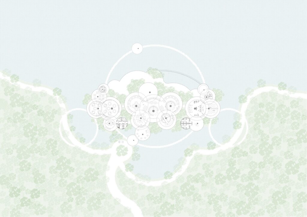 Ground floor plan of Lotus Club showing circular functional zones and surrounding vegetation.