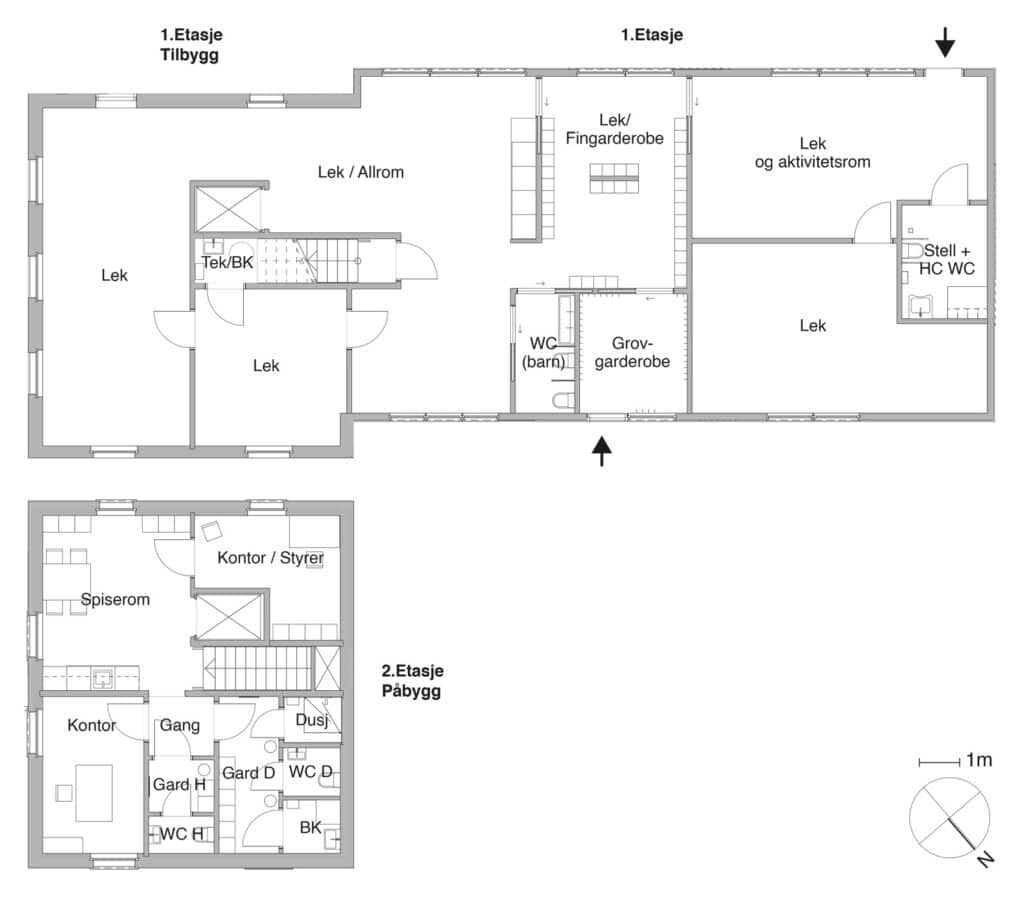 Floor plans of Alvim Kindergarten showing the compact layout of playrooms on the first floor and staff facilities on the second floor.