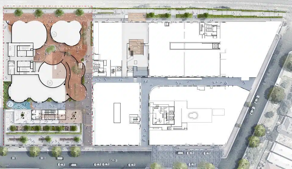 Architectural master plan of the Younghusband precinct showing building layouts, internal courtyards, and pedestrian connectivity.