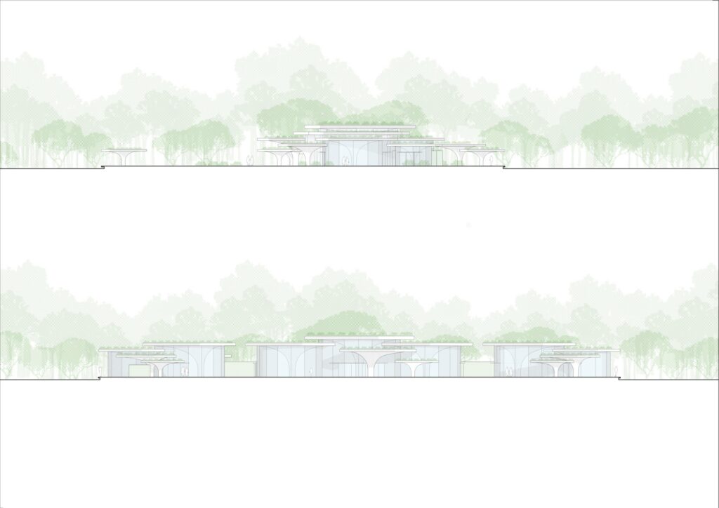 Architectural elevation drawings of Lotus Club showing the tiered roof structure and integration with trees.