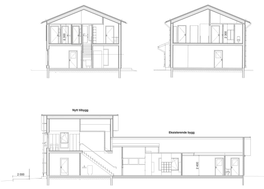 Architectural section drawing of Alvim Kindergarten showing the integration between the existing one-story building and the new two-story extension.