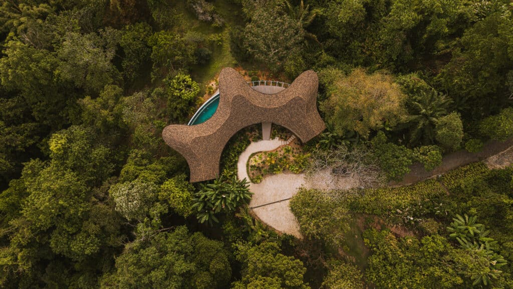 Aerial top-down view of Ojo de Nila house showing its organic shape and pool amidst the dense jungle.