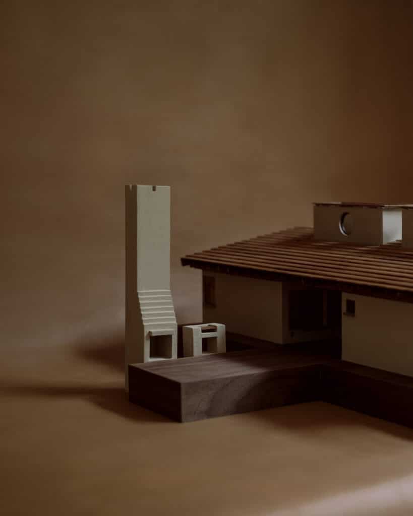 Scale model of the Tapalpa forest cabin showing its proportions, symmetry, and site platform.