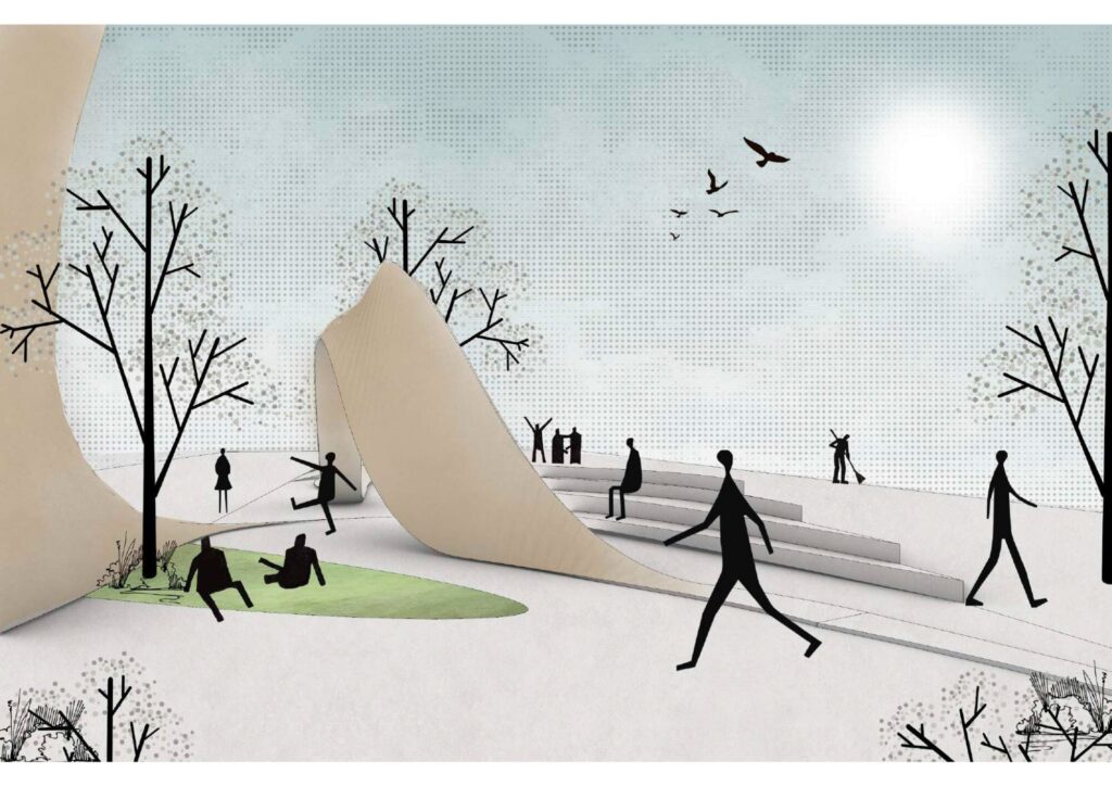 Outdoor perspective of the Caterpillar-inspired Food Street showing a large, sweeping curved canopy structure, integrated seating steps, and minimalist silhouettes of people interacting with the space.