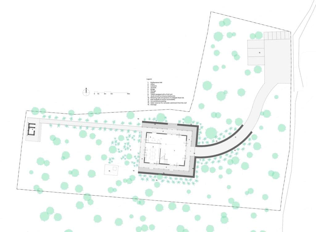 Detailed site plan of the Bercy-Cavaillon Community Center in Haiti, showing the main building, jardin krey&ograve;l, and water reservoir.