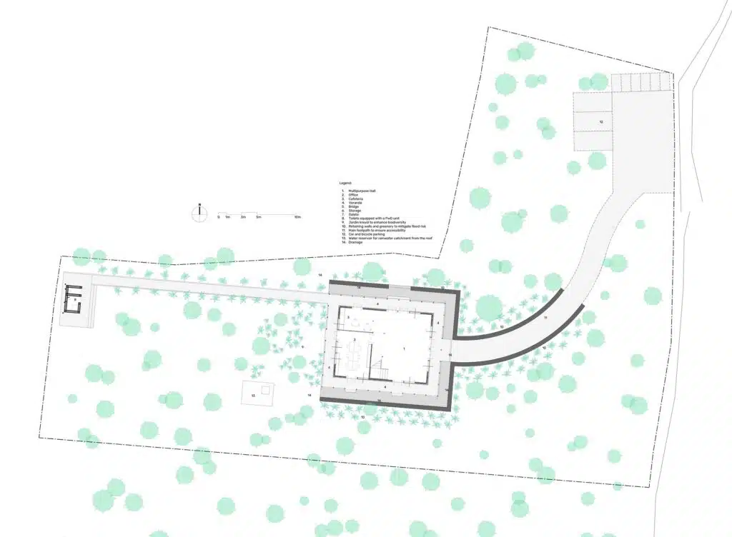 Detailed site plan of the Bercy-Cavaillon Community Center in Haiti, showing the main building, jardin krey&ograve;l, and water reservoir.