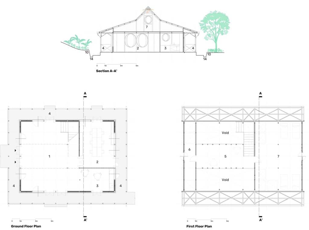 Architectural floor plans and section A-A' of the Bercy-Cavaillon Community Center, detailing the multipurpose hall, office, and Galata storage.
