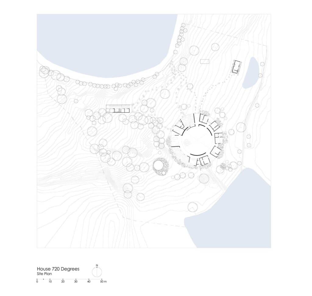 Architectural site plan showing the circular Degrees house and its placement relative to the lake and surrounding topography.