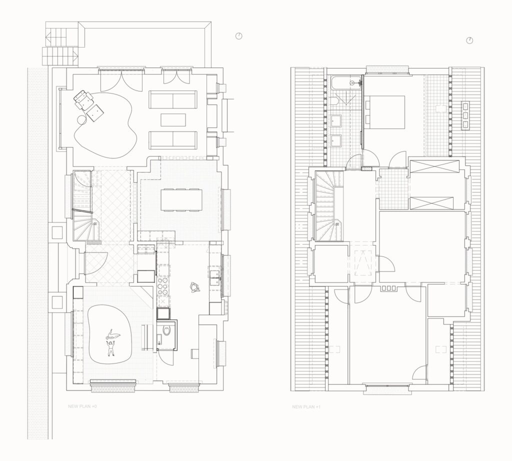 New floor plans for the ground and first floor of the Brussels residence renovation.