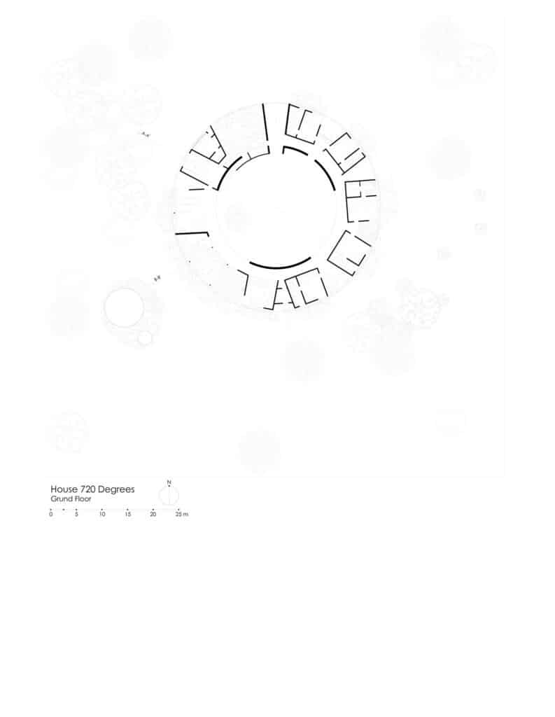 Detailed ground floor plan of the circular House 720 Degrees, highlighting the arrangement of rooms around the central courtyard.