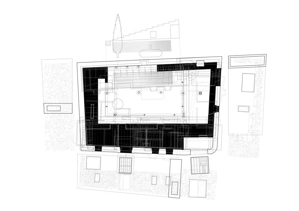 Architectural floor plan of the Riaza house rehabilitation showing the central courtyard and the three surrounding wings.