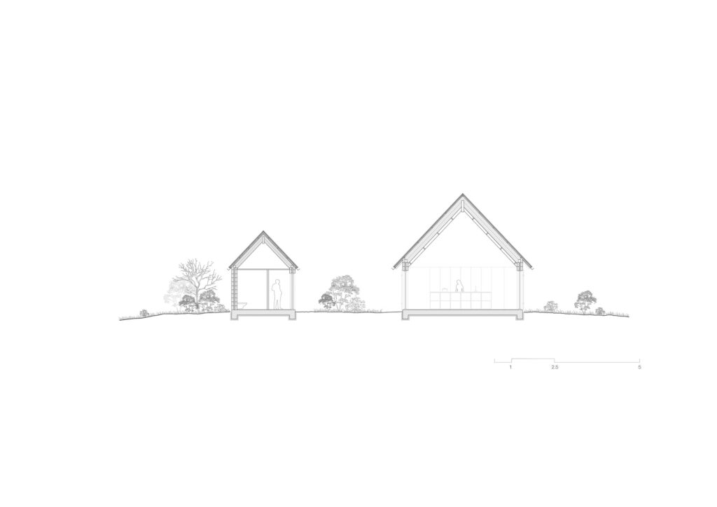 Architectural section drawing of Rorum House and outbuilding showing the pitched roof heights.