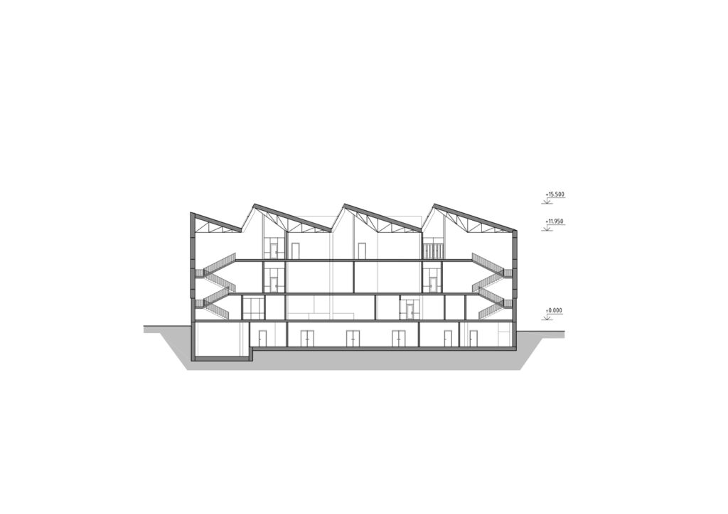 Architectural cross-section of Narkhoz Business School highlighting the multi-level internal stairs and the reconstructed sawtooth roof structure.