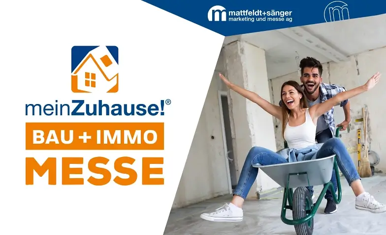 Promotional graphic for meinZuhause! Erlangen 2026 showing event branding with a modern residential home illustration and signage design.