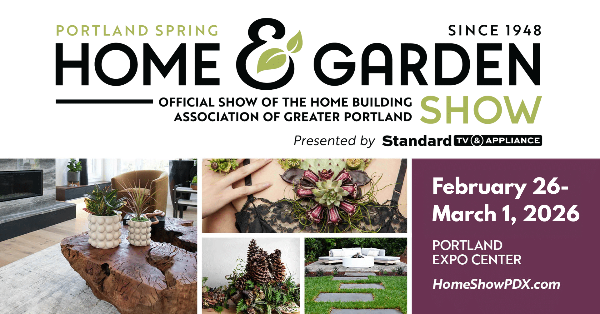 Promotional banner for the Portland Spring Home & Garden Show 2026 featuring event title and home and garden visuals.