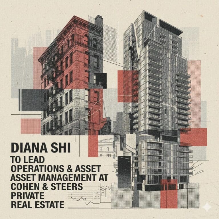 "A stylized graphic featuring an old brick building alongside a modern glass skyscraper with geometric red and gray overlays. Text reads: Diana Shi to lead Operations & Asset Management at Cohen & Steers Private Real Estate."