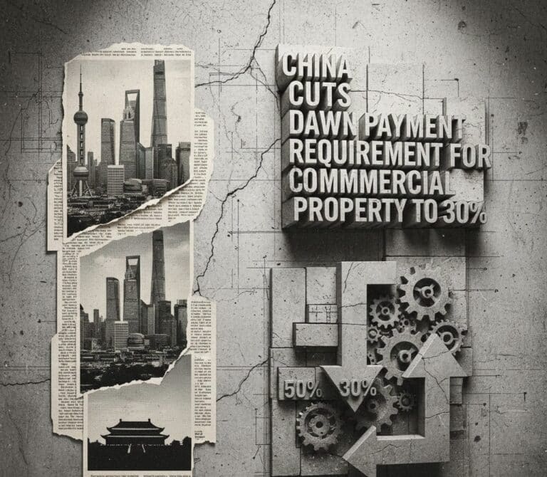 A vintage-style graphic illustration featuring the text "CHINA CUTS DOWN PAYMENT REQUIREMENT FOR COMMERCIAL PROPERTY TO 30%" in 3D concrete letters. The image includes torn newspaper scraps showing the Shanghai skyline and an infographic with gears and arrows pointing down from 50% to 30%.