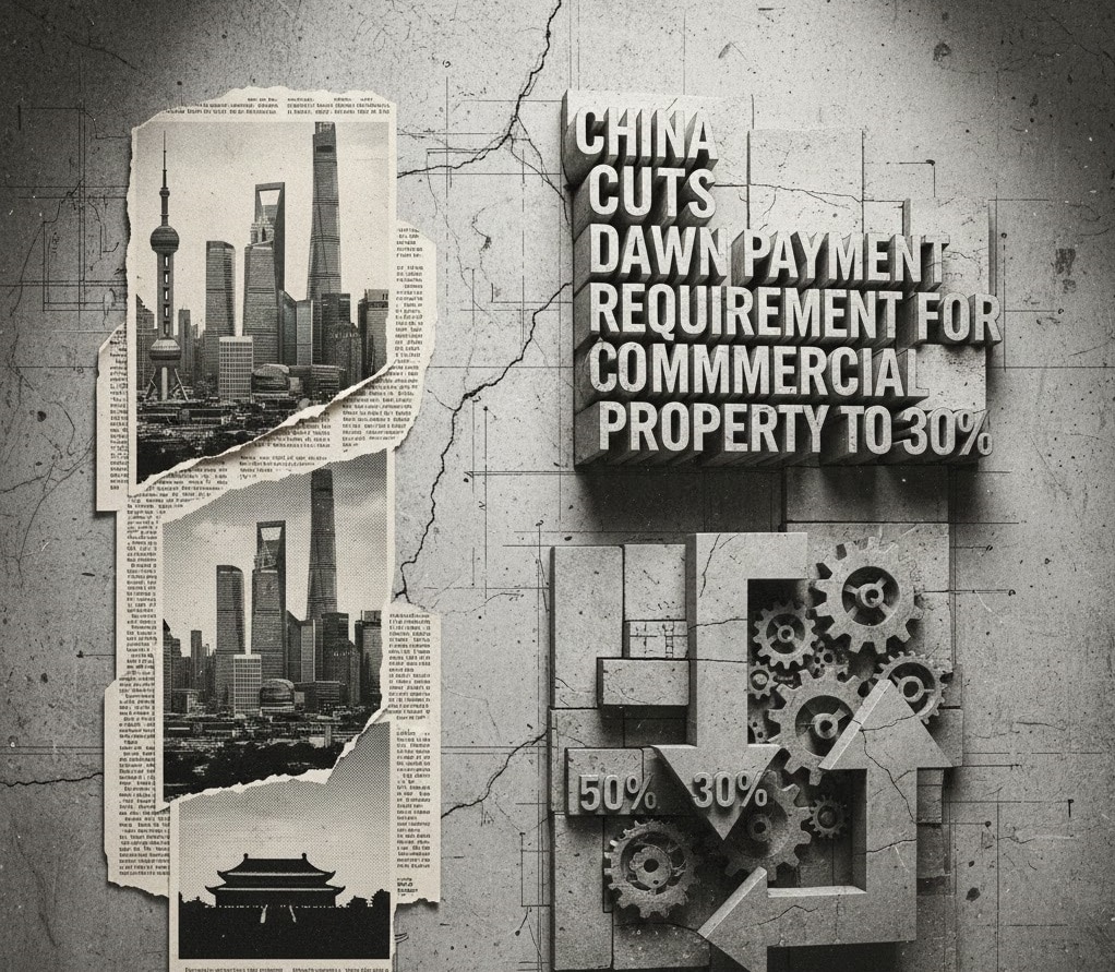A vintage-style graphic illustration featuring the text "CHINA CUTS DOWN PAYMENT REQUIREMENT FOR COMMERCIAL PROPERTY TO 30%" in 3D concrete letters. The image includes torn newspaper scraps showing the Shanghai skyline and an infographic with gears and arrows pointing down from 50% to 30%.
