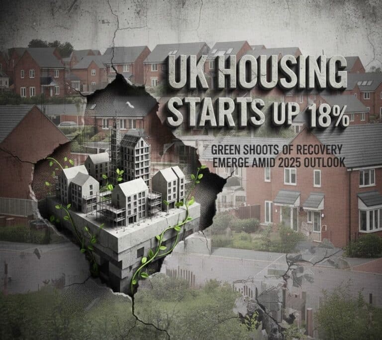 A conceptual graphic showing a real estate development in the UK. The background features a suburban neighborhood of red-brick houses. A jagged, torn-hole effect in the center reveals a concrete architectural model of modern buildings with green vines growing around them. Large 3D text reads "UK HOUSING STARTS UP 18%" with a subtitle "GREEN SHOOTS OF RECOVERY EMERGE AMID 2025 OUTLOOK."