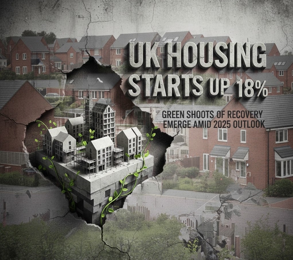 A conceptual graphic showing a real estate development in the UK. The background features a suburban neighborhood of red-brick houses. A jagged, torn-hole effect in the center reveals a concrete architectural model of modern buildings with green vines growing around them. Large 3D text reads "UK HOUSING STARTS UP 18%" with a subtitle "GREEN SHOOTS OF RECOVERY EMERGE AMID 2025 OUTLOOK."